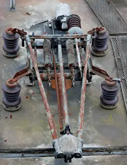 : A catenary is seen on a train locomotive parked at a so-called train cemetery inside a