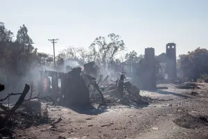 California Prints: Charred remains of a property after a mudslide in Montecito, California