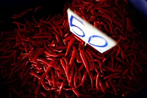 Chillies are seen at a stall at Talad Thai wholesale market outside Bangkok