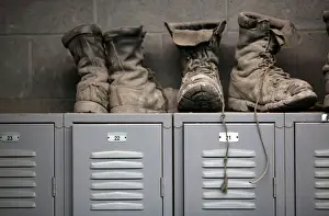 Coal mining boots are shown above miners lockers before the start of an afternoon shift
