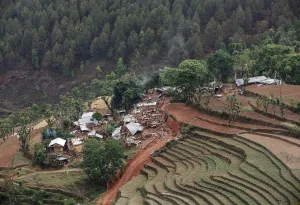 Quake Prints: Collapsed houses are seen in a village following Saturdays earthquake in Sindhupalchowk