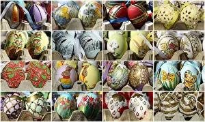 A combination of photographs shows handmade Easter eggs at an Easter market in Vienna A combination of photographs shows handmade Easter eggs at an Easter market in Vienna