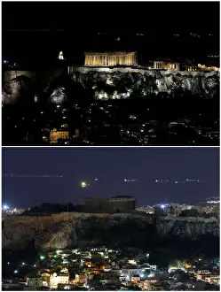 Earth Prints: A combination picture shows a view of the ancient Parthenon temple atop the Acropolis