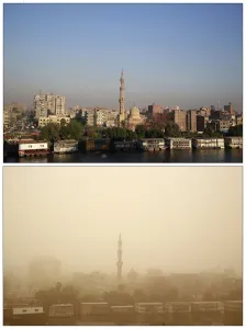Egypt Prints: Combo photo of mosque in sunshine and during a sandstorm, in Cairo