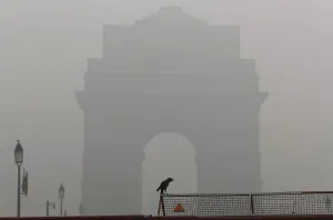 India Prints: A crow sits on a barricade in front of India Gate amidst smog in New Delhi