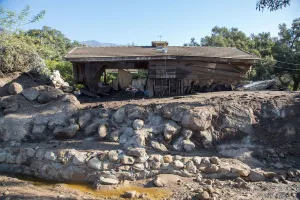 California Prints: A damaged house after a mudslide in Montecito, California