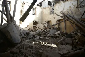 Syria Prints: A damaged mosque is seen in the besieged town of Douma in eastern Ghouta in Damascus
