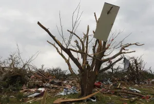 Tornado Prints: The door of a house is impaled on a tree after tornados swept through the town of