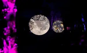 An earth and moon installation are reflected at the Enchanted Forest 2019 event Cosmos