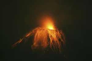 Latin America Prints: Ecuadors Tungurahua volcano spews volcanic lava accompanied by large clouds of gas