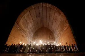 Religion Prints: Egyptian Muslims perform evening prayers called Tarawih inside Al Sultan Hassan mosque