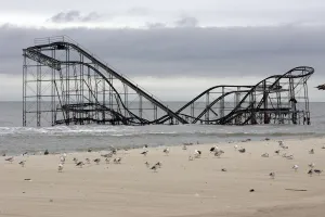 The extensive damage to an amusement park roller coaster in the aftermath of Hurricane The extensive damage to an amusement park roller coaster in the aftermath of Hurricane