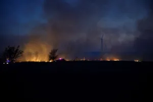 Images Dated 2018 April: Firefighters struggle to fight the Rhea fire into the night near Seiling