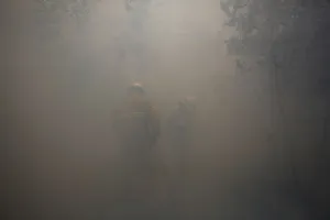 Images Dated 2017 June: Firefighters work amidst smoke to put out a forest fire near Castanheira de Pera