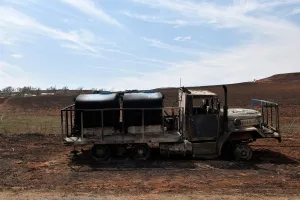 Images Dated 2018 April: A firetruck that was destroyed by the Rhea fire is seen near Taloga