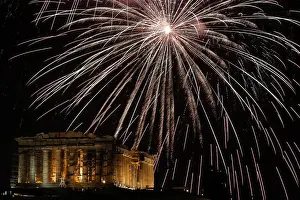 New Year Prints: Fireworks explode over the ancient Parthenon temple atop the Acropolis hill during New
