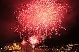 Hungary Prints: Fireworks explode over Danube River during Saint Stephens Day in Budapest