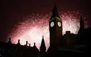 Celebration Prints: Fireworks explode behind the Houses of Parliament and Big Ben on the River Thames