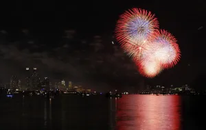 Celebration Prints: Fireworks explode over the Hudson River and the skyline of New York during the Macy s