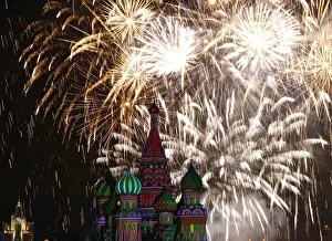 Images Dated 2011 September: Fireworks explode above St. Basils cathedral during the Spasskaya Tower international