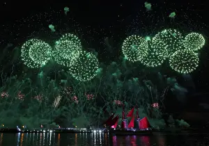 Fireworks light up the sky over the Neva River and the Peter and Pawel Fortress during