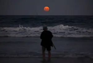 Prints of A fisherman prepares to cast his line standing in the surf as a full moon rises at Mollymook Beach, located south of Sydney, Australia, February 23, 2016. REUTERS/David Gray TPX IMAGES OF THE DAY Australia Prints: A fisherman prepares to cast his line standing in the surf as a full moon rises