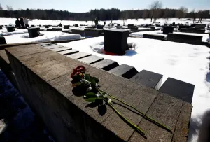 Flowers are seen at the World War Two memorial in the former village of Khatyn Flowers are seen at the World War Two memorial in the former village of Khatyn
