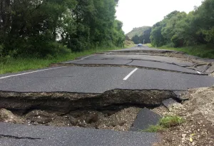 Images Dated 2016 November: A fractured road caused by an earthquake stops vehicle access 70 kilometers south of