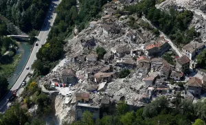 Italy Prints: A general view after earthquake that levelled the town in Pescara del Tronto