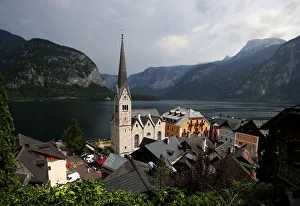 A general view of Hallstaettersee lake and the alpine village of Hallstatt