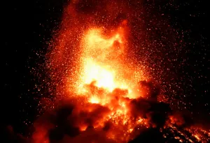 Guatemala Prints: A general view shows Fuego volcano (Volcano of Fire) erupting as seen from San Juan