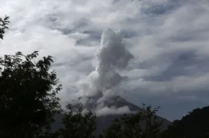 Guatemala Prints: A general view shows the Fuego volcano from Yepocapa in Chimaltenango