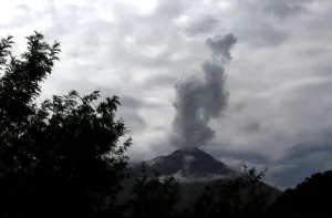 Guatemala Prints: A general view shows the Fuego volcano from Yepocapa in Chimaltenango