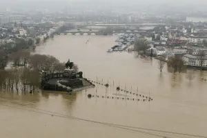 Prints of Germanys famous landmark Deutsches Eck ( German Corner ), the junction of the river Moselle and Rhine is flooded in Koblenz January 10, 2011 Germany Prints: Germanys famous landmark Deutsches Eck, the junction of the river Moselle