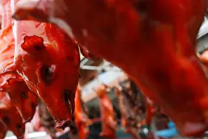 Lunar Prints: Grilled pigs are seen for sale along a street during Chinese Lunar New Year