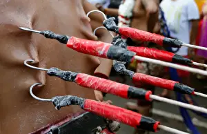 Religion Prints: A Hindu devotee with hooks pierced into his back participates in a procession during
