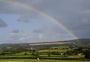 Horses graze in a field as a rainbow forms behind in Exmoor National Park, near Minehead
