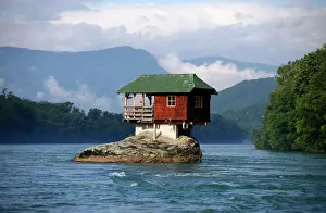 A house built on a rock on the river Drina is seen near the western Serbian town of