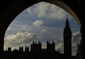 United Kingdom Prints: The Houses of Parliament and Big Ben are silhouetted against the sky in London