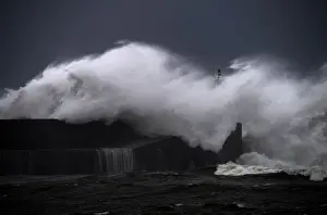Weather Prints: Huge waves crash on the San Esteban de Pravia seafront in Asturias region