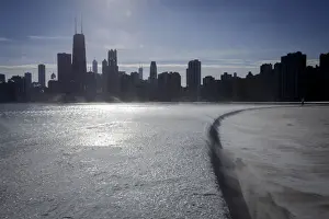 Ice covers the shore of Lake Michigan in Chicago where temperatures have dropped well