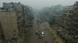 Syria Prints: A still image from video of a general view of bomb damaged eastern Aleppo