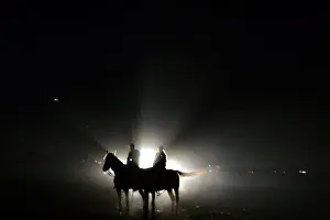 Animal Prints: Israeli policemen sit on their horses in a standby position on the field outside
