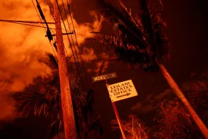 Hawaii Prints: Lava illuminates a sign in Leilani Estates