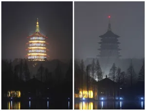 Prints of Leifeng Pagoda is seen behind the West Lake before (L) and during the Earth Hour in Hangzhou, Zhejiang province, March 23, 2013 China Prints: Leifeng Pagoda is seen behind the West Lake before and during the Earth Hour in Hangzhou