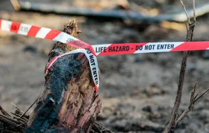California Prints: Life hazard tape surrounds a property after a mudslide in Montecito, California