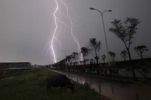 Prints of Lightning strikes in Poyang county in Jiujiang, Jiangxi province, July 20, 2010. Much of China has been suffering flooding and landslides after weeks of torrential downpours China Prints: Lightning strikes in Poyang county in Jiujiang