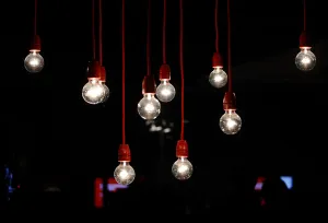 Prints of Lit lamps decorate the Vodafone stand at the CeBIT trade fair in Hanover March 15, 2015. The worlds biggest computer and software fair will open to the public from March 16 to 20 Germany Prints: Lit lamps decorate the Vodafone stand at the CeBIT trade fair in Hanover