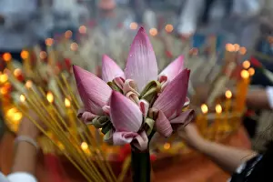 Images Dated 31st January 2018: A lotus flower is seen while people pray at the Oudong mountain during the annual Makha