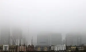 Stock Prints: A low fog engulfs the skyscrapers of the financial district of Canary Wharf